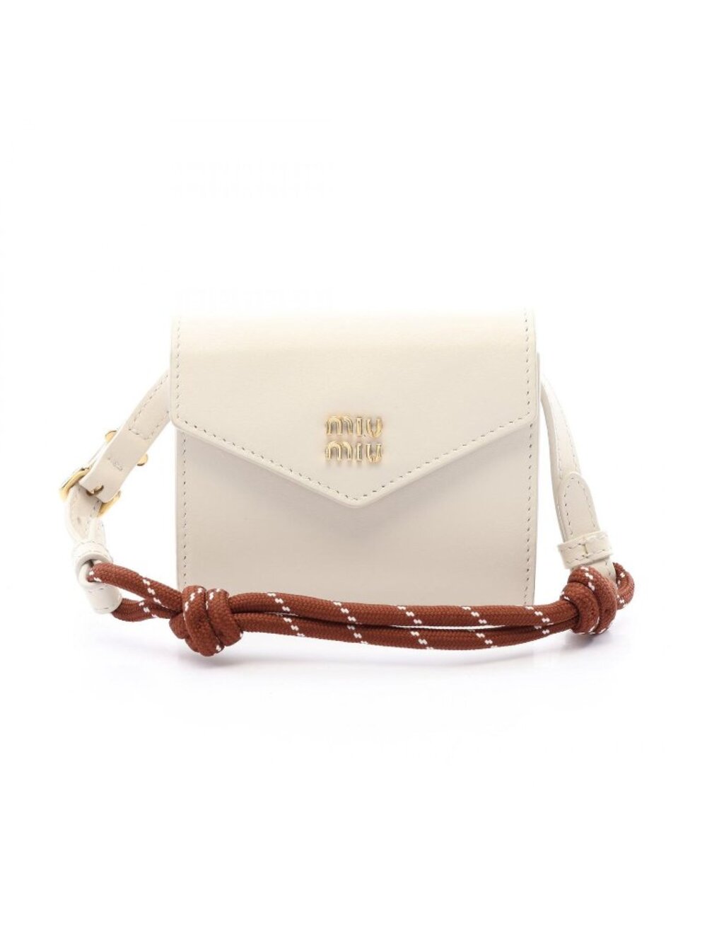 Miu Miu Coin Purse Card Case White Brown Leather Wallet on Chain